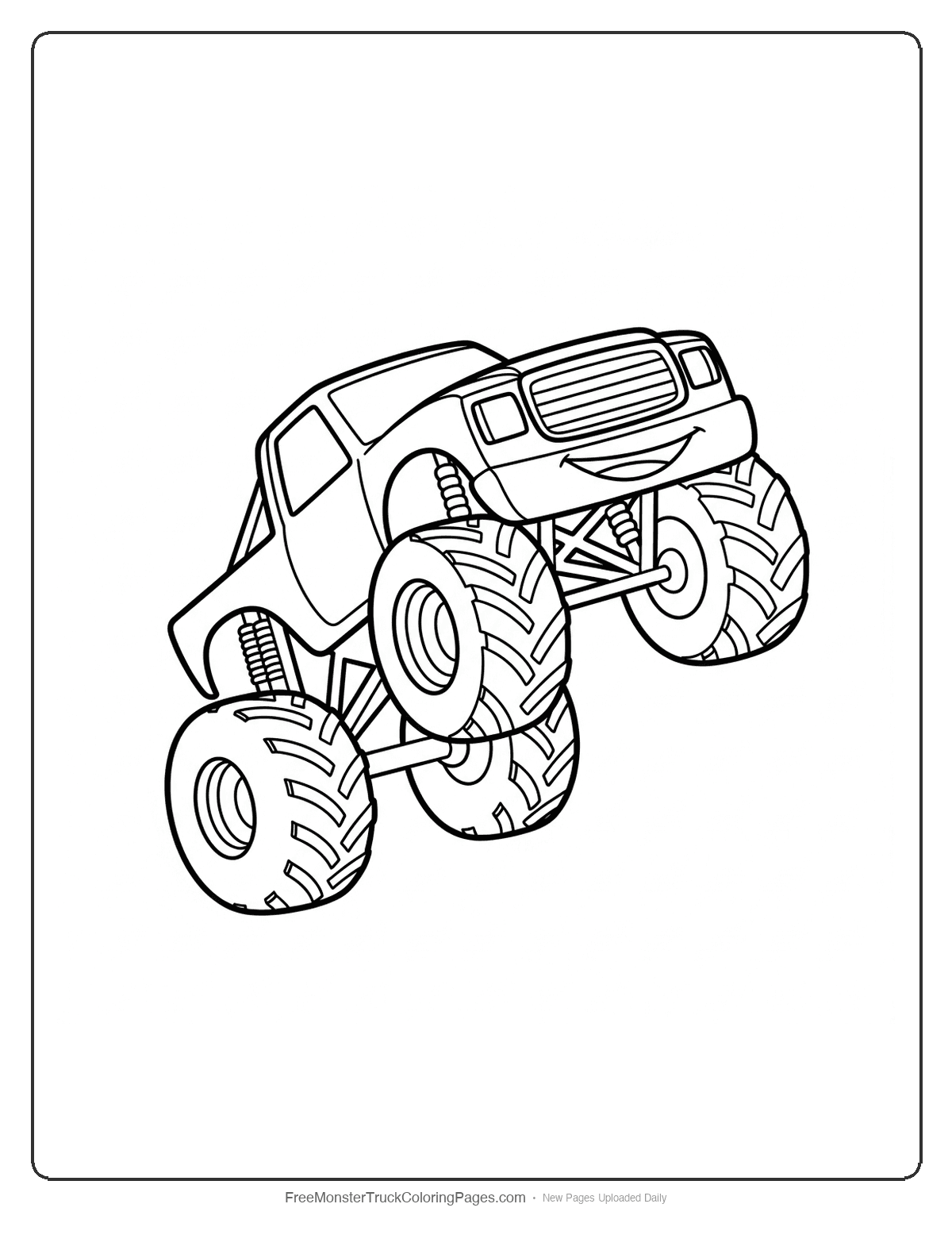 Black and white coloring page of a monster truck performing a wheelie with front wheels raised high in the air