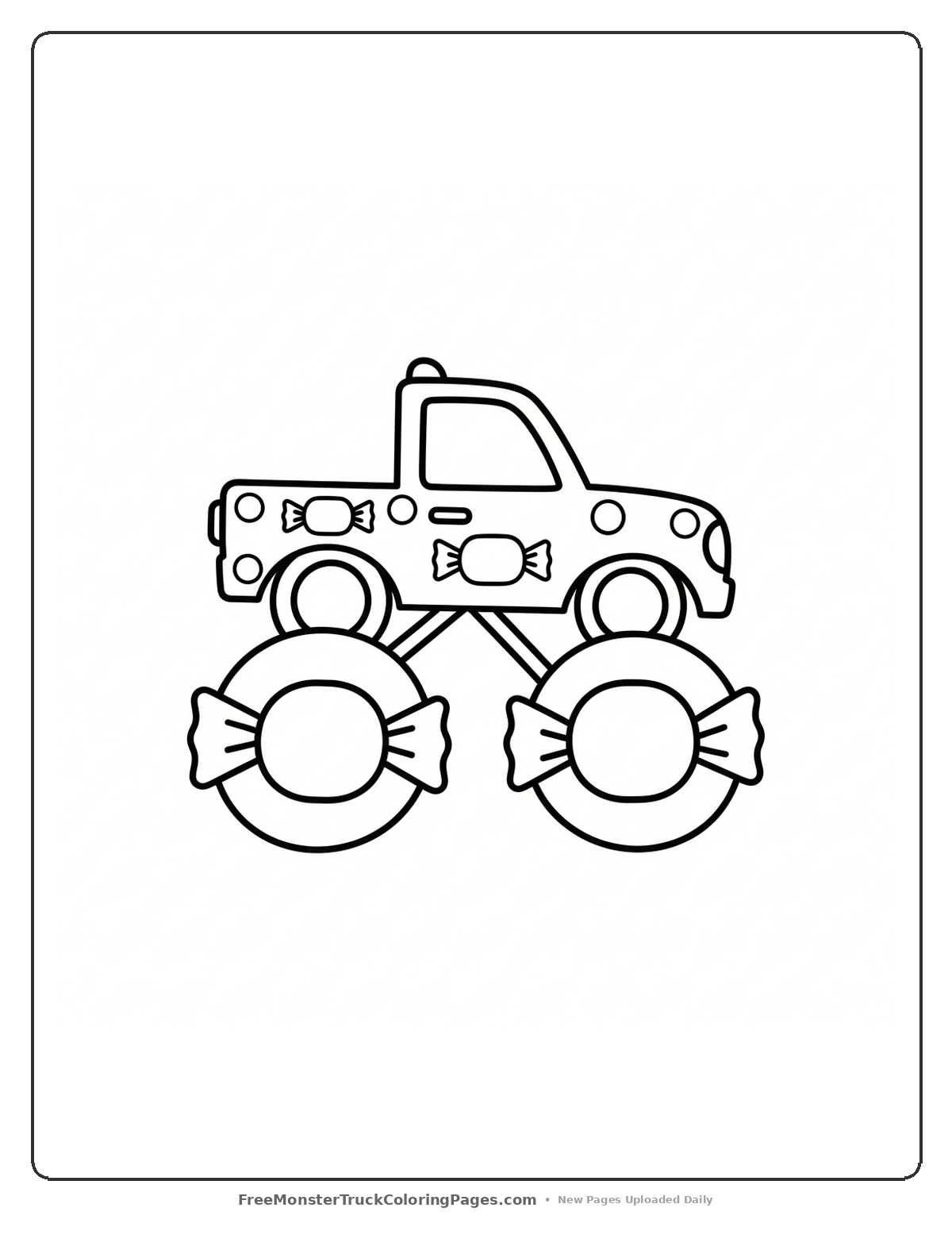 Simple coloring page of a monster truck with large candy-shaped wheels and basic sweet decorations