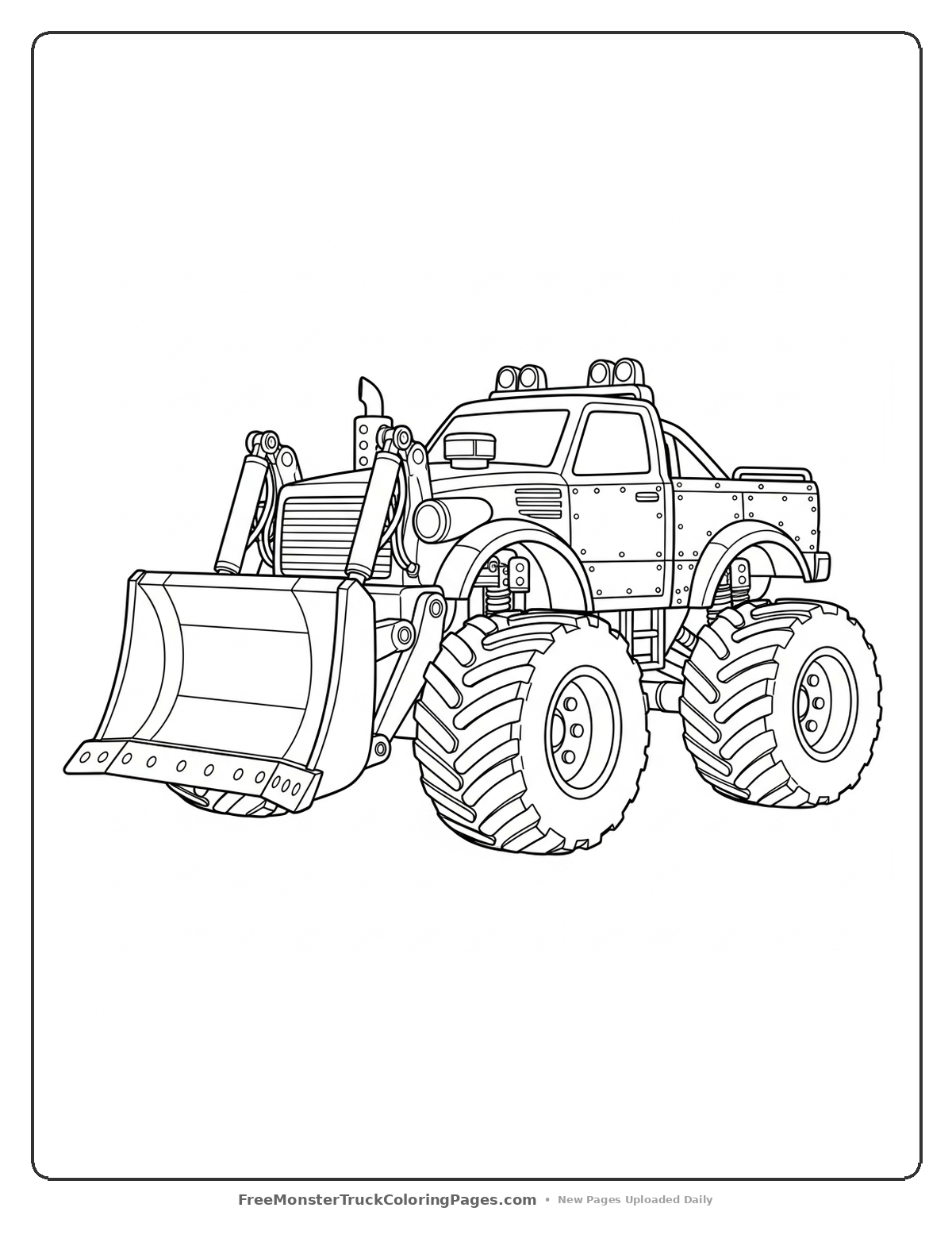 Black and white coloring page of a monster truck with a large bulldozer blade attachment, construction details, and oversized tires