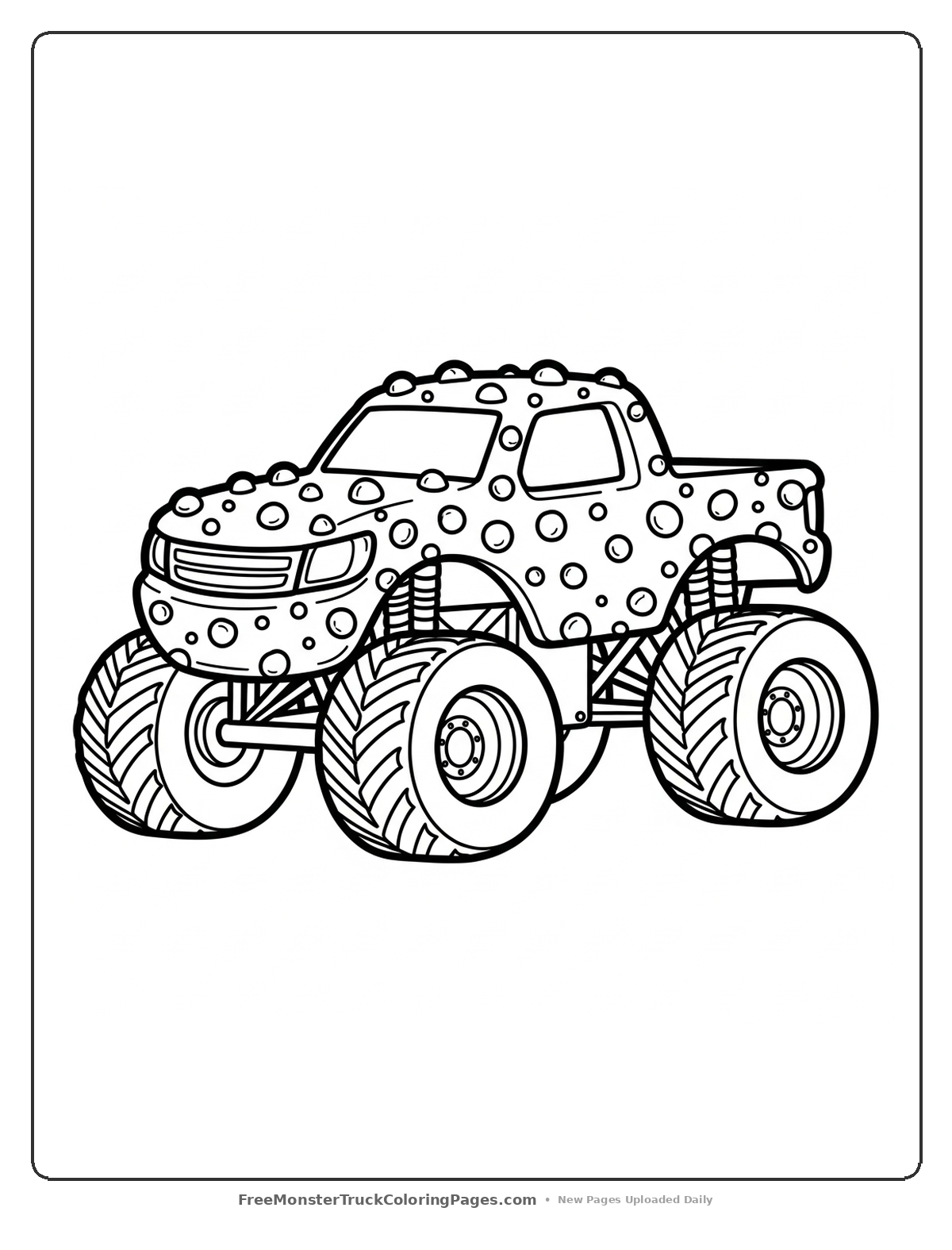 Coloring page of a monster truck decorated to look like a chocolate chip cookie with scattered chocolate chips
