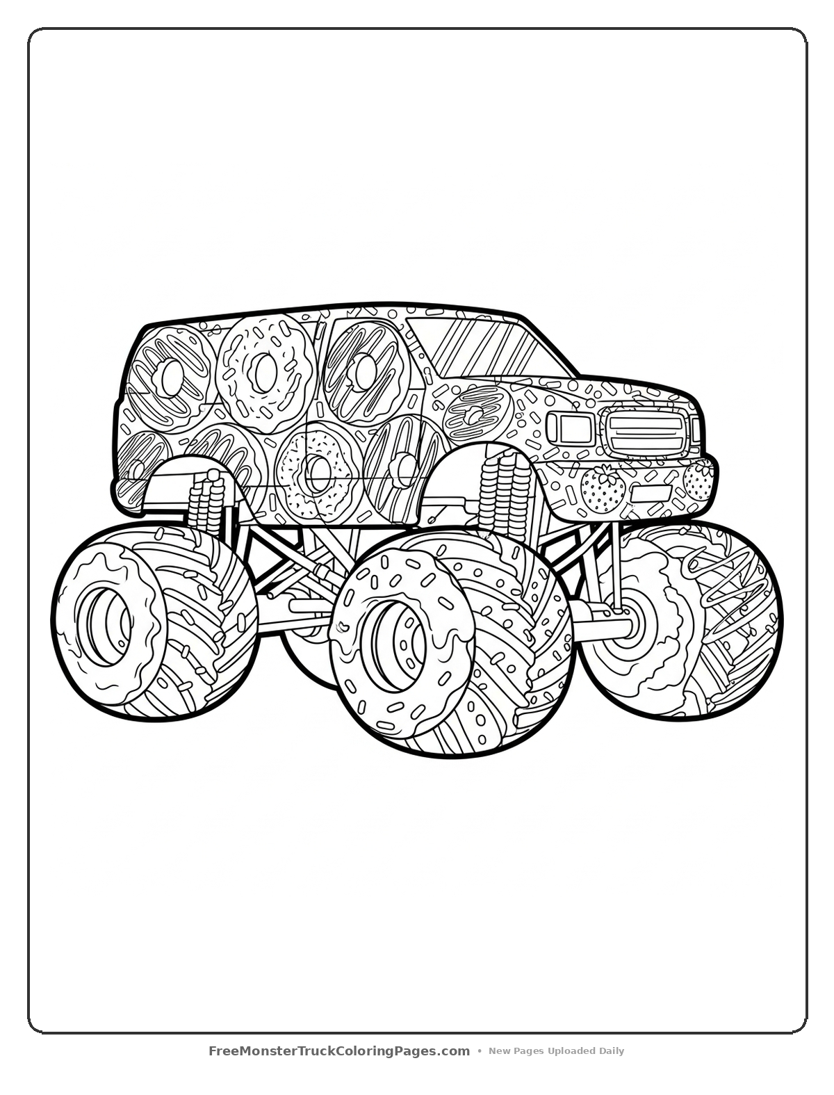 Coloring page of a monster truck decorated with various donut shapes, frosting patterns, and sprinkle details