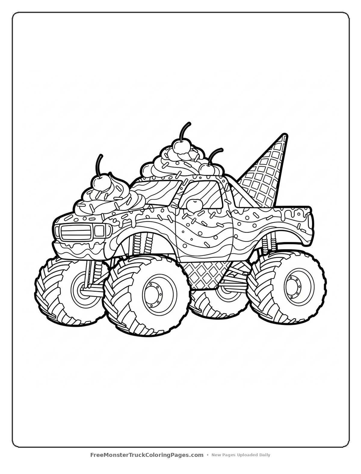 Coloring page of a monster truck designed to look like an ice cream sundae with whipped cream swirls and cherry decorations