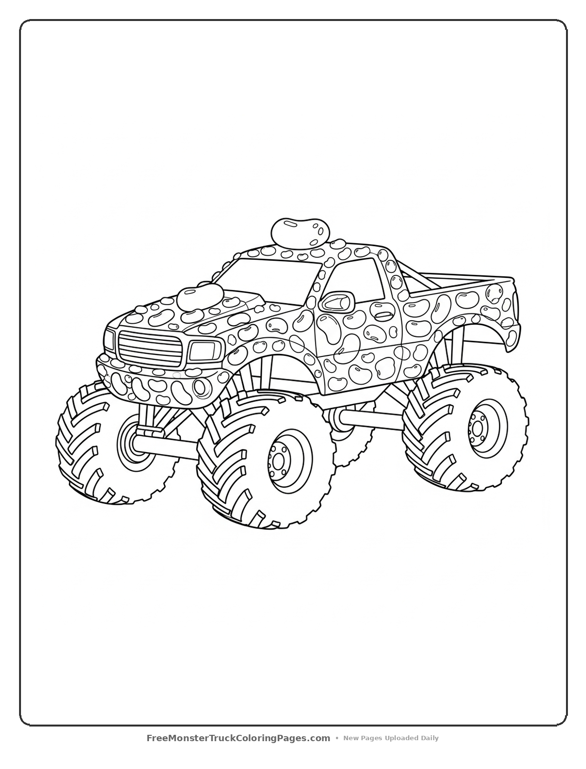 Coloring page of a monster truck covered in oval jelly bean shapes of various sizes