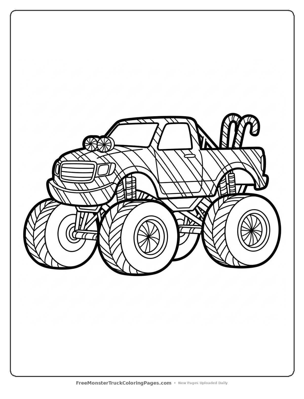 Coloring page of a monster truck with candy cane stripe patterns and peppermint candy wheel designs