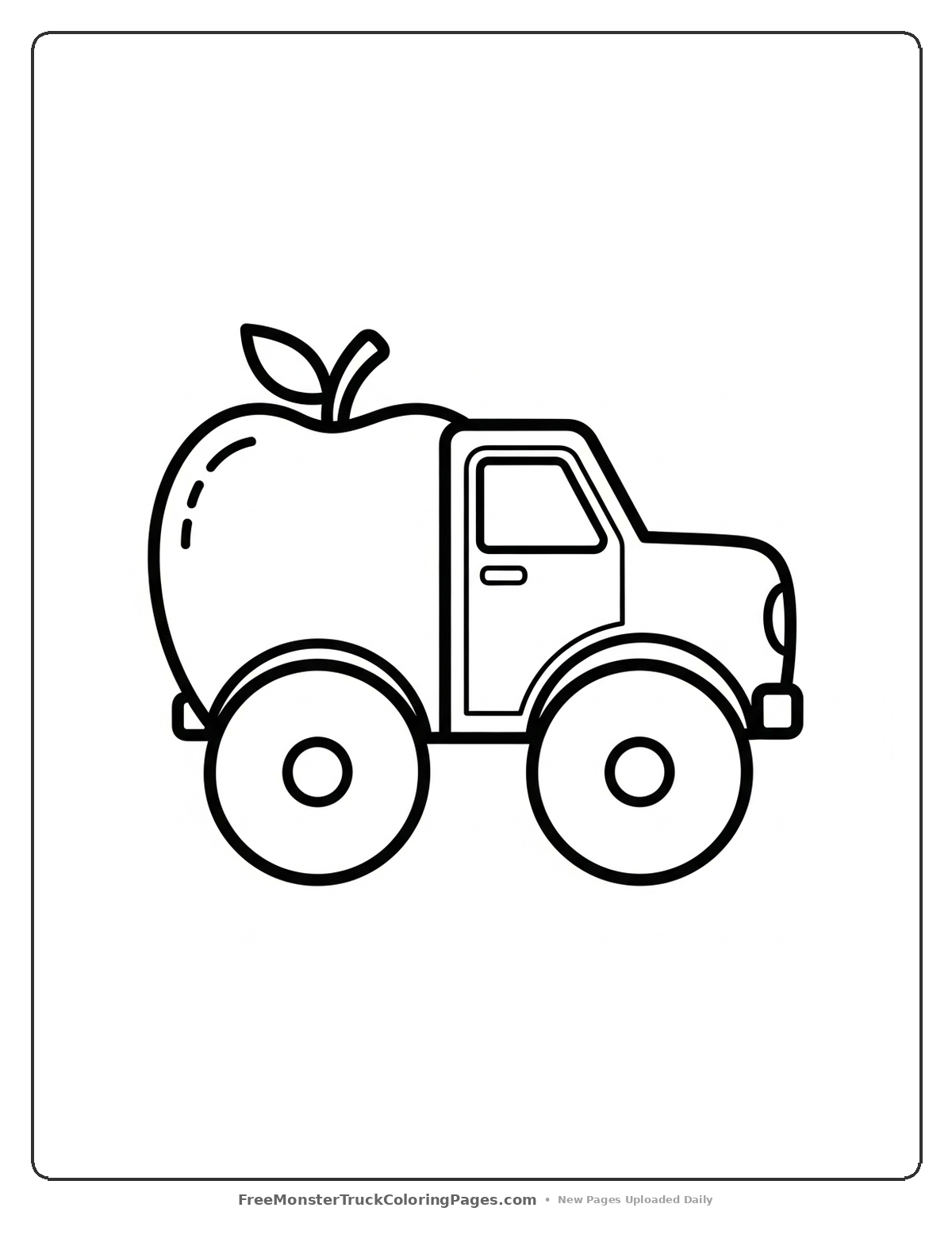 Simple black and white coloring page of a round apple-shaped monster truck with large wheels, apple stem on top, and basic details