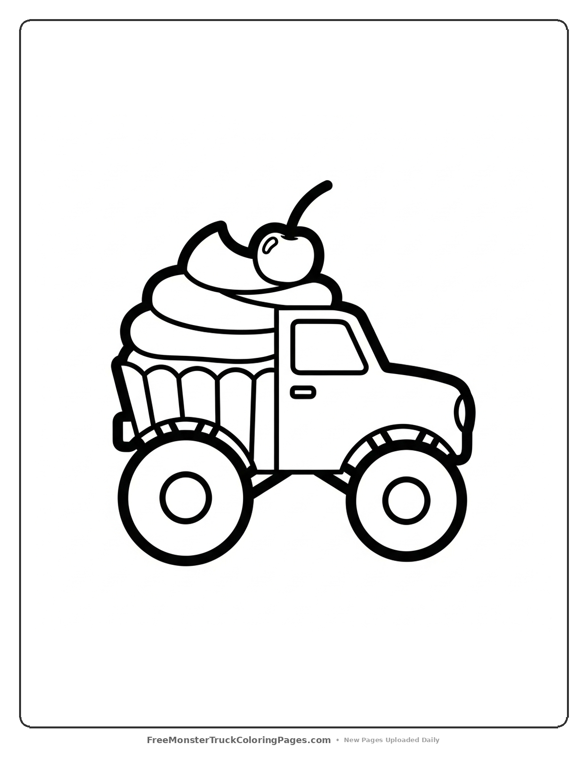 Simple coloring page of a monster truck shaped like a cupcake with frosting swirls and a cherry decoration