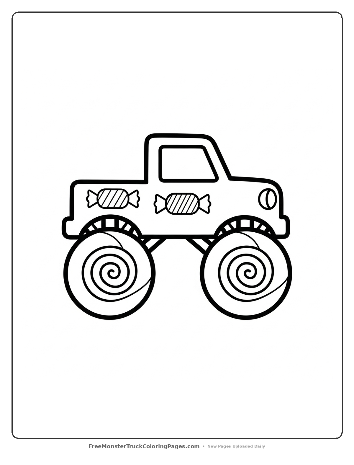 Simple coloring page of a monster truck with large circular lollipop-shaped wheels and basic candy decorations